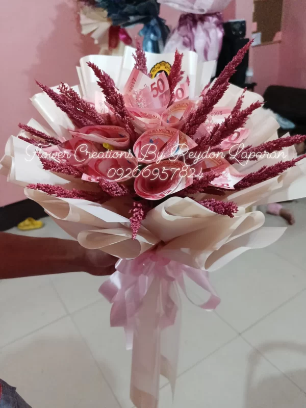 50 Peso Bills in Pink Blush Wrapping by Flower Creations