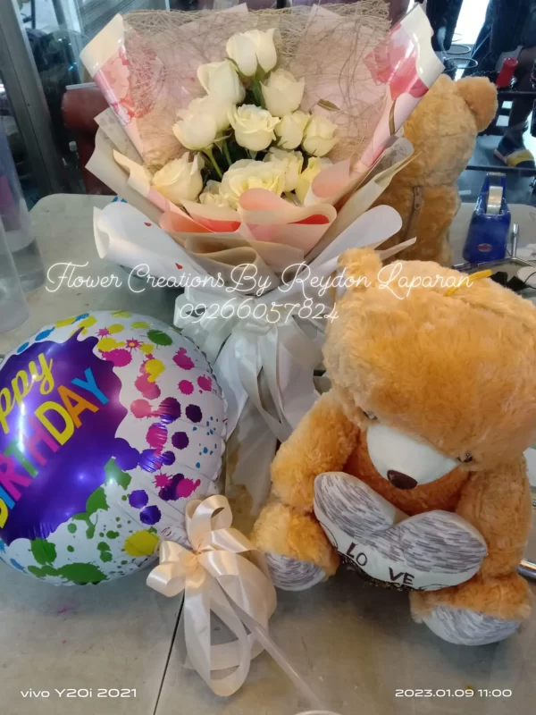 Elegant Birthday Surprise Package: White Rose Bouquet, Teddy Bear, and Happy Birthday Balloon by Flower Creations