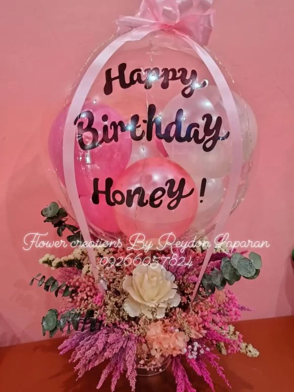 Happy Birthday Bubble Balloon with Dried Flowers Arrangement by Flower Creations